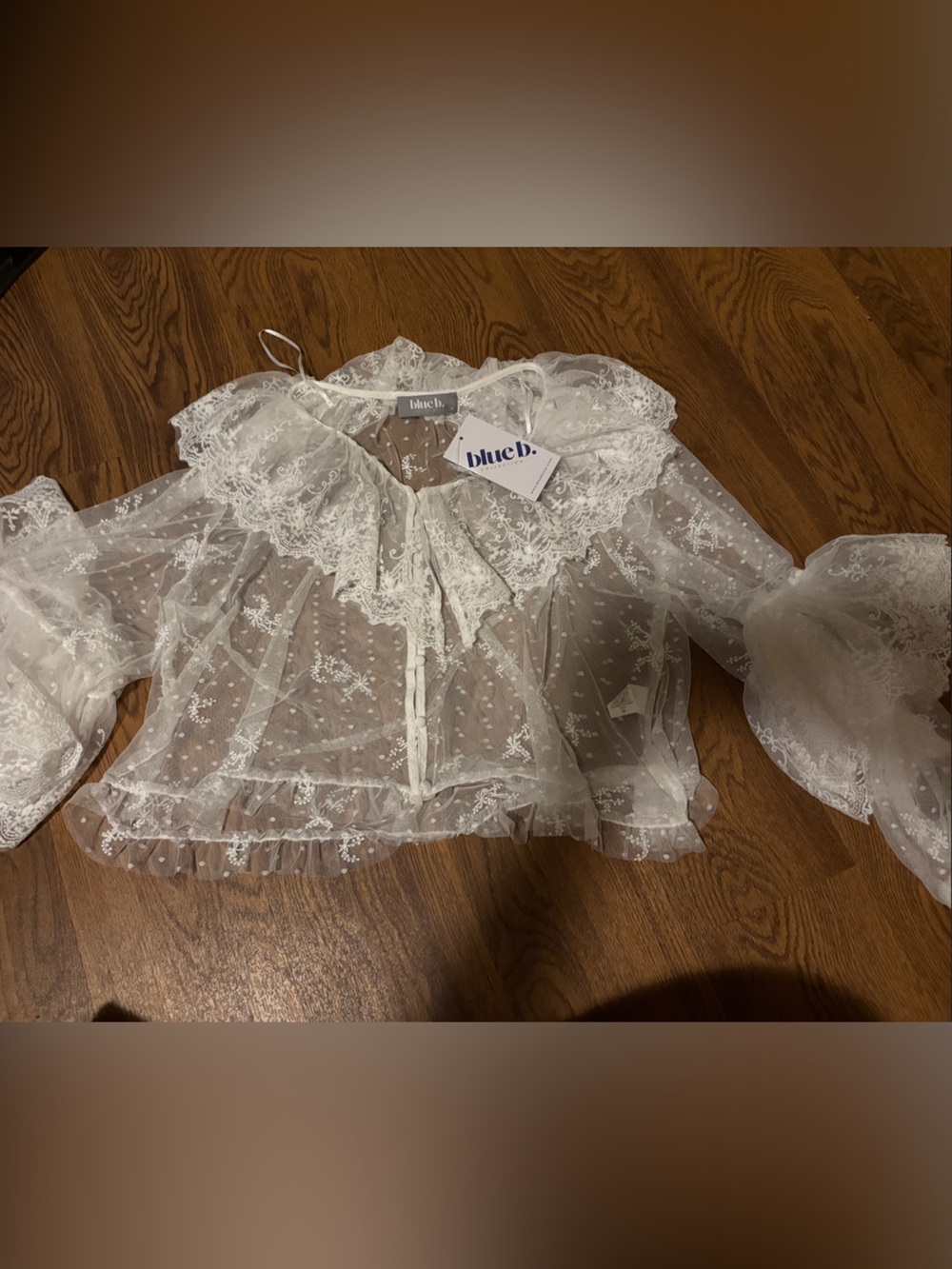 blue.b White Sheer Lace Ruffle Blouse